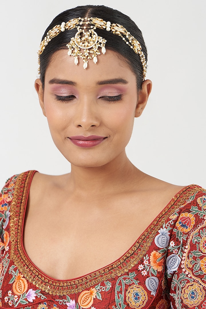 Gold Finish Kundan Polki & Pearl Beads Head Piece by Kreart at Pernia's Pop Up Shop