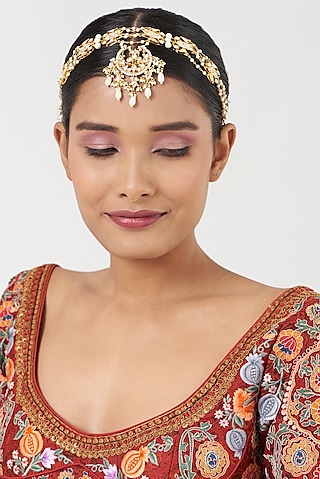 Gold Finish Kundan Polki & Pearl Beads Head Piece by Kreart