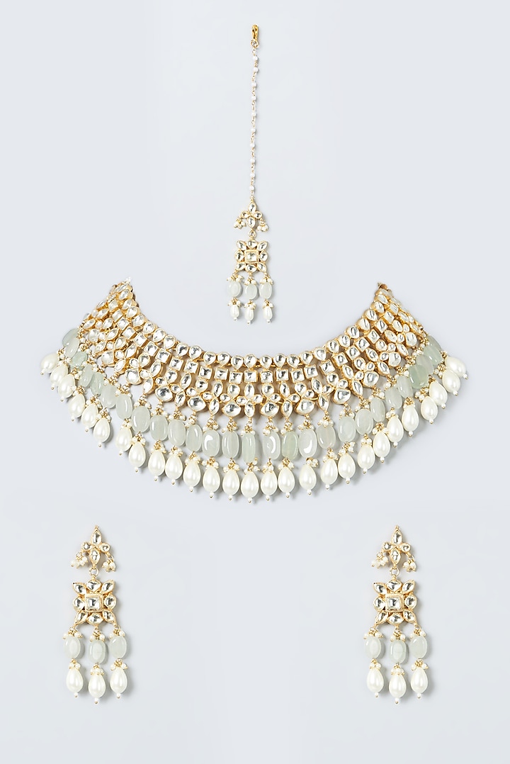 Gold Finish Pearl Beads & Kundan Polki Necklace Set by Kreart at Pernia's Pop Up Shop
