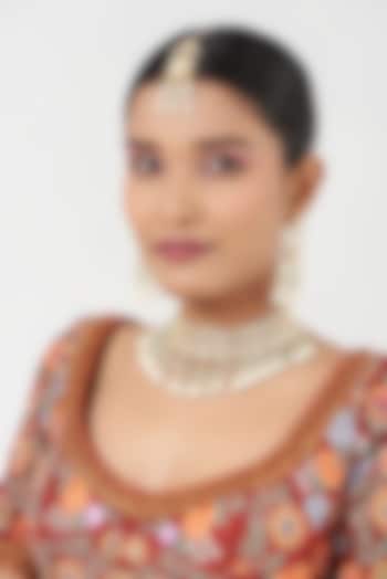 Gold Finish Pearl Beads & Kundan Polki Necklace Set by Kreart at Pernia's Pop Up Shop
