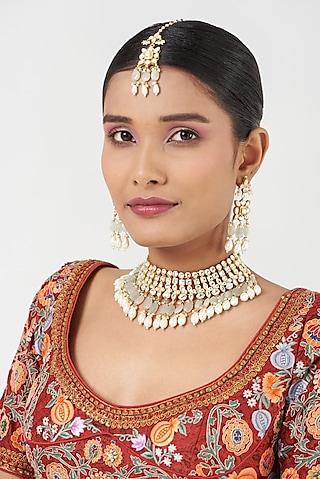 Gold Finish Pearl Beads & Kundan Polki Necklace Set by Kreart