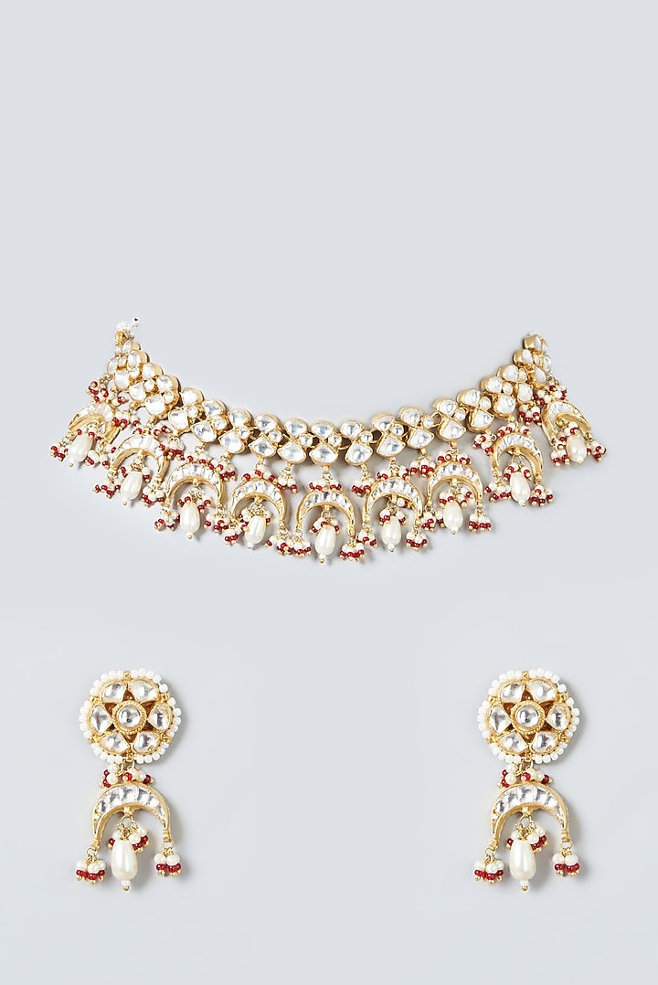 Gold Finish Kundan Polki & Pearls Necklace Set by Kreart at Pernia's Pop Up Shop