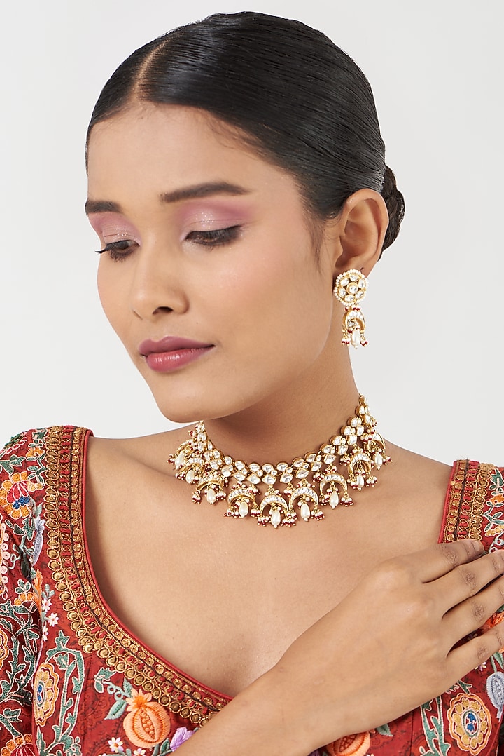 Gold Finish Kundan Polki & Pearls Necklace Set by Kreart at Pernia's Pop Up Shop
