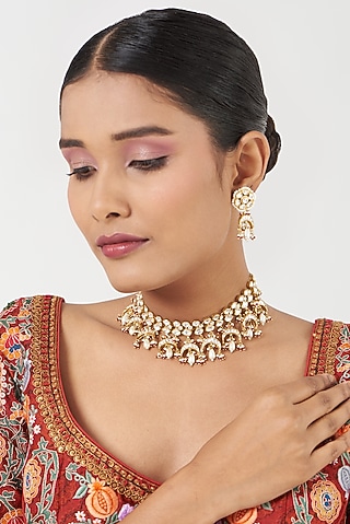 Gold Finish Kundan Polki & Pearls Necklace Set by Kreart