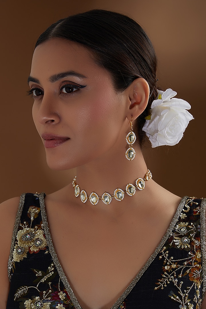 Gold Finish Kundan Polki Choker Necklace Set by Kreart at Pernia's Pop Up Shop