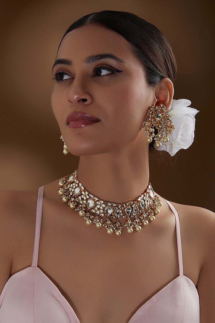 Gold Finish Kundan Polki & Shell Pearl Necklace Set by Kreart at Pernia's Pop Up Shop