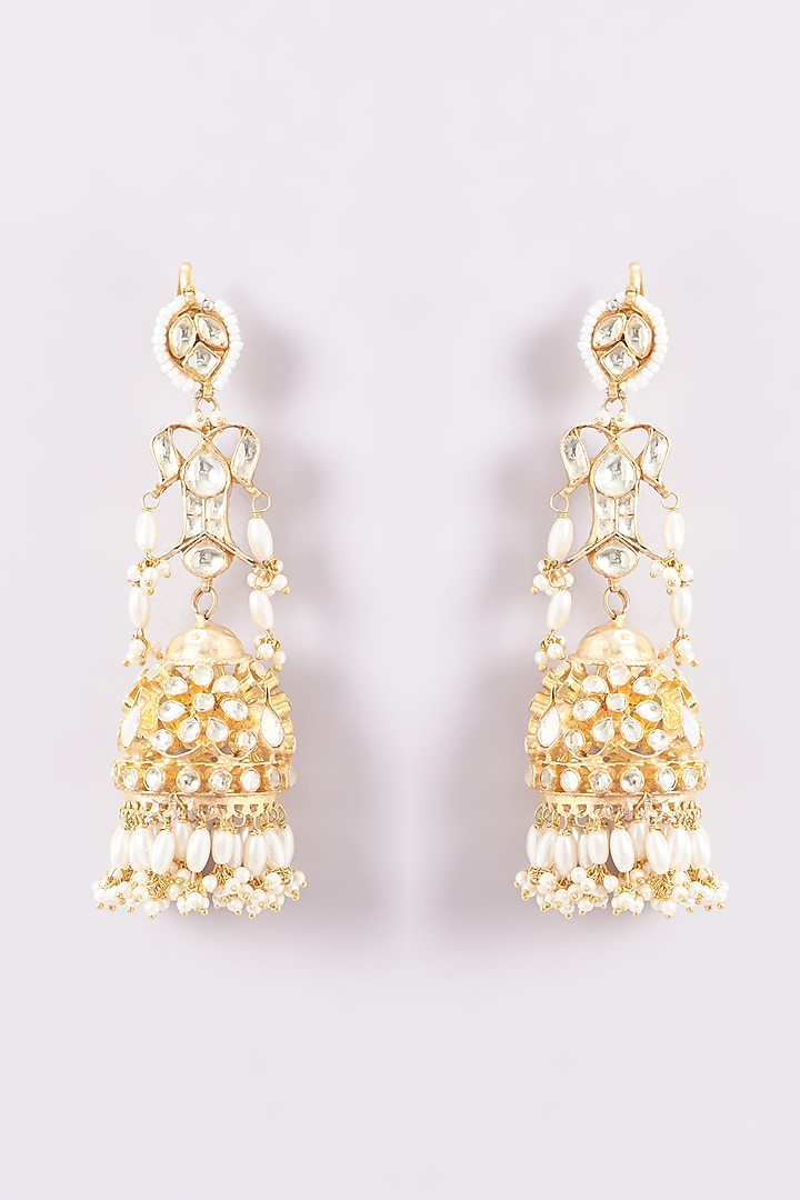 Gold Finish Kundan Polki & Pearl Beaded Dangler Earrings by Kreart at Pernia's Pop Up Shop