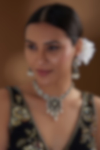 Black Rhodium Finish Kundan Polki & Pearl Beaded Choker Necklace Set by Kreart at Pernia's Pop Up Shop