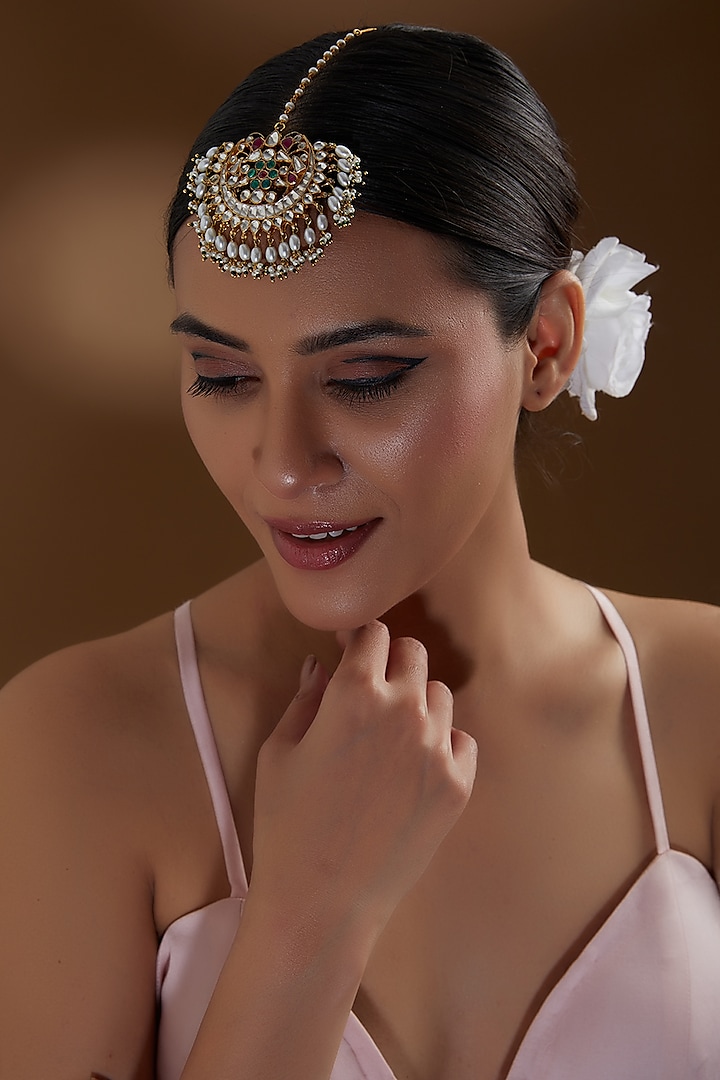 Gold Finish Multi-Colored Kundan Polki & Beaded Maangtikka by Kreart at Pernia's Pop Up Shop