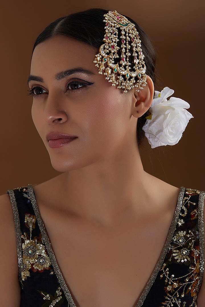 Gold Finish Multi-Colored Kundan Polki & Beaded Pasa by Kreart at Pernia's Pop Up Shop