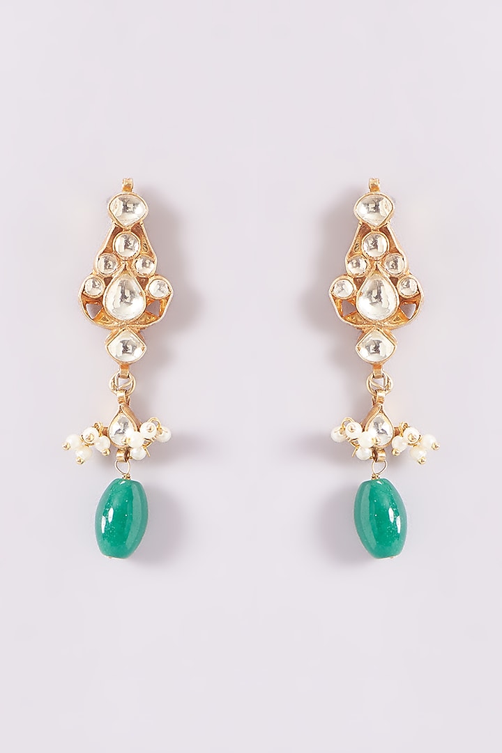 Gold Finish Kundan Polki & Green Beaded Stud Earrings by Kreart at Pernia's Pop Up Shop