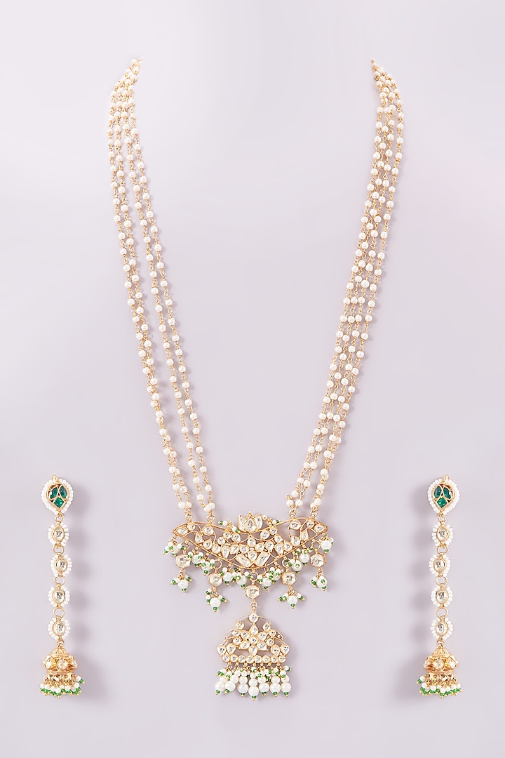 Kreart - Gold Finish Kundan Polki & Pearl String Long Designer Necklace Set for Women at Pernia's Pop-Up Shop