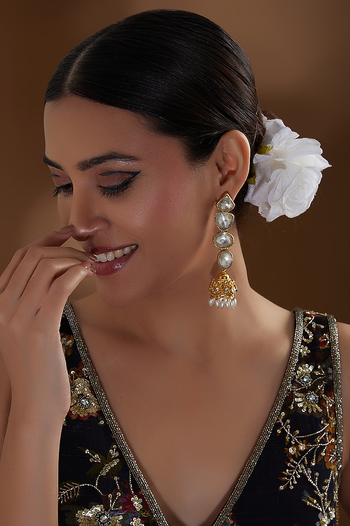 Gold Finish Kundan Polki & Beaded Dangler Earrings by Kreart at Pernia's Pop Up Shop