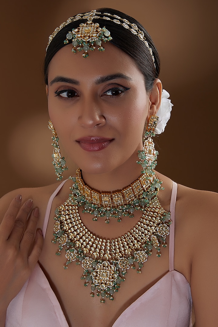 Gold Finish Kundan Polki & Fluorite Beaded Necklace Set by Kreart at Pernia's Pop Up Shop