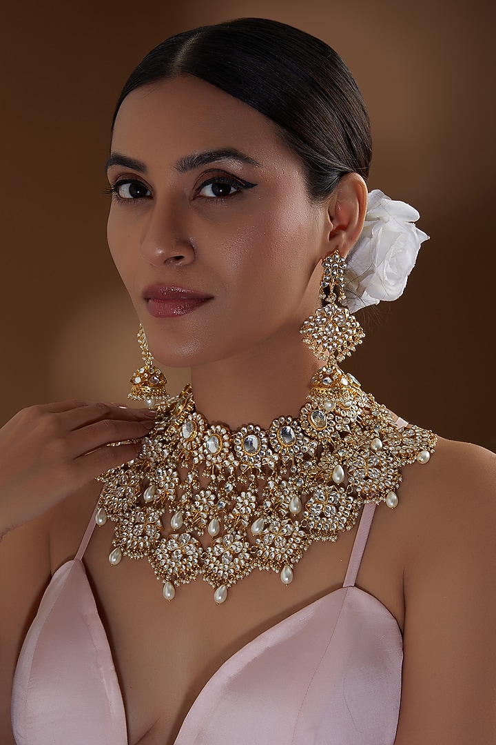 Gold Finish Kundan Polki & Pearl Beaded Necklace Set by Kreart at Pernia's Pop Up Shop