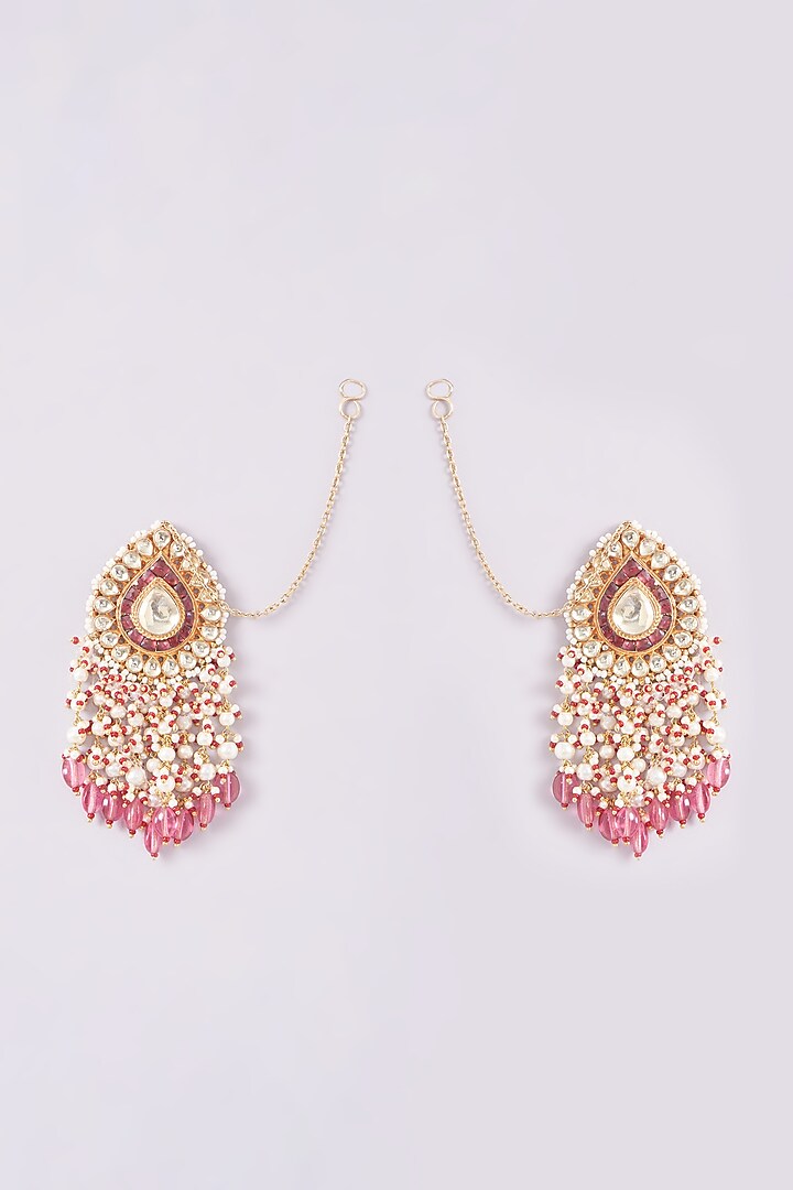 Gold Finish Kundan Polki & Pearl Bead Earrings by Kreart at Pernia's Pop Up Shop