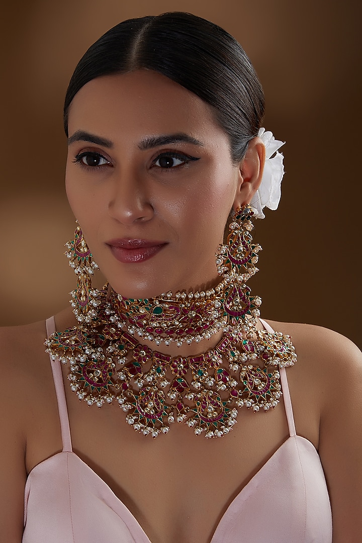 Gold Finish Multi-colored Kundan Polki & Pearl Beaded Choker Necklace Set by Kreart