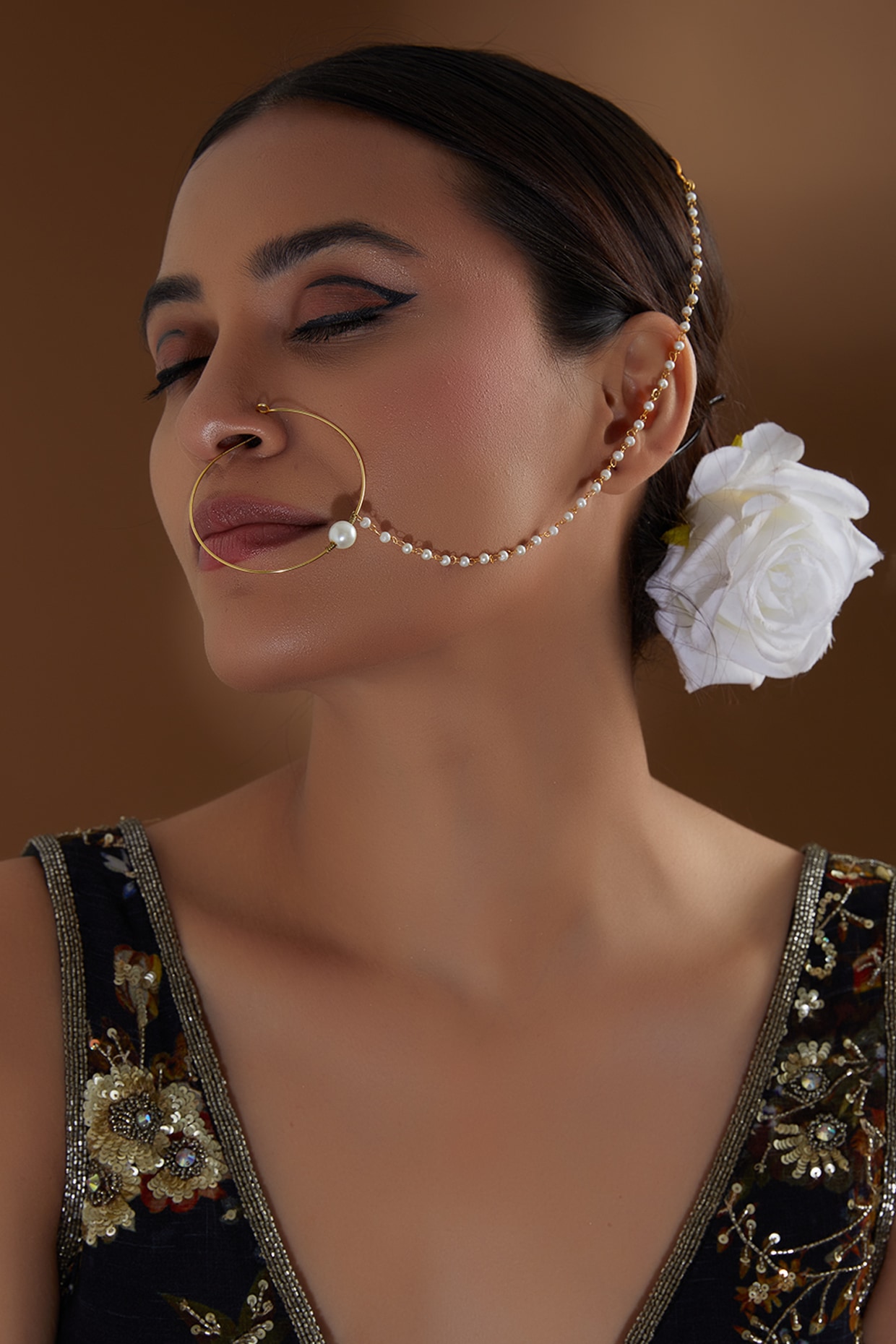 Buy Glamorous collection Nose Ring Chain Nath Gold Bridal Nose Ring/Indian Nose  Hoop Wedding Jewelry Online at desertcartINDIA