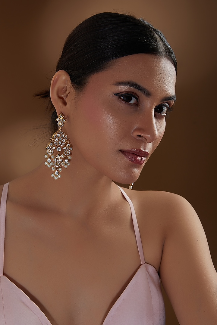 Gold Finish Kundan Polki & Pearl Beaded Chandbali Earrings by Kreart at Pernia's Pop Up Shop