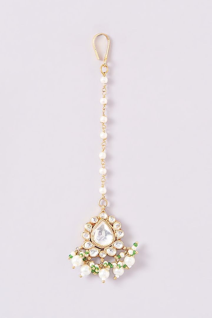 Gold Finish Kundan Polki & Green Beaded Maangtikka by Kreart at Pernia's Pop Up Shop