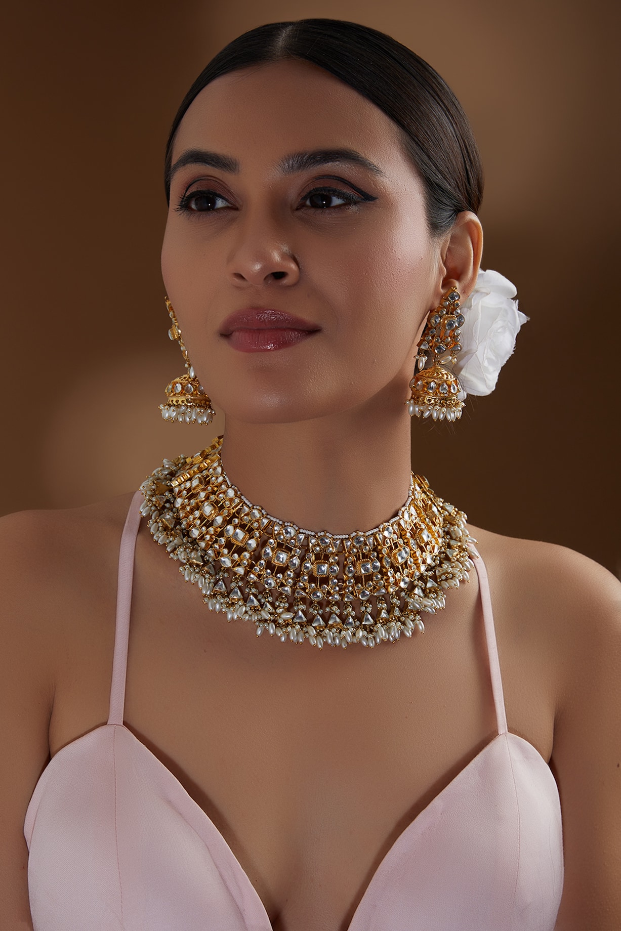 Kreart - Gold Finish Kundan Polki & Pearl String Long Designer Necklace Set for Women at Pernia's Pop-Up Shop