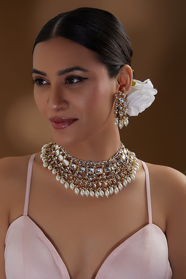 Kreart - Gold Finish Kundan Polki & Pearl String Long Designer Necklace Set for Women at Pernia's Pop-Up Shop