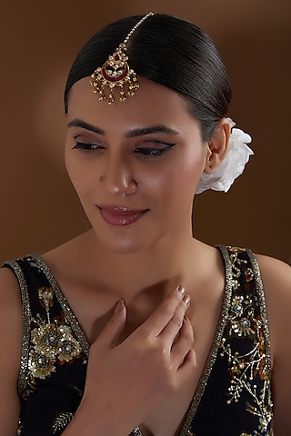 Gold Finish Kundan Polki & Beaded Maangtikka by Kreart