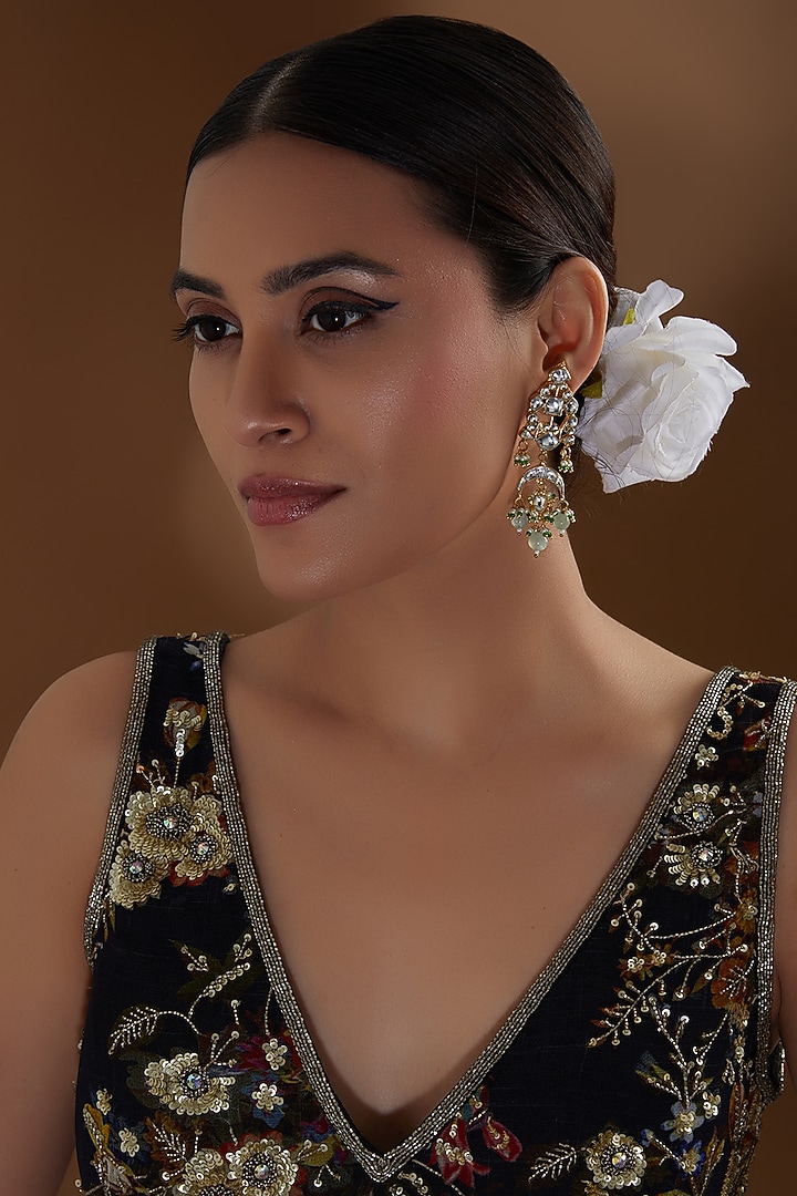 Gold Finish Kundan Polki & Green Beaded Dangler Earrings by Kreart at Pernia's Pop Up Shop