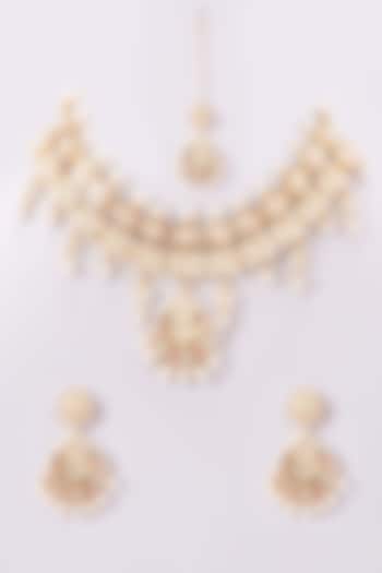 Gold Finish Kundan Polki & Pearl Beaded Enameled Necklace Set by Kreart at Pernia's Pop Up Shop