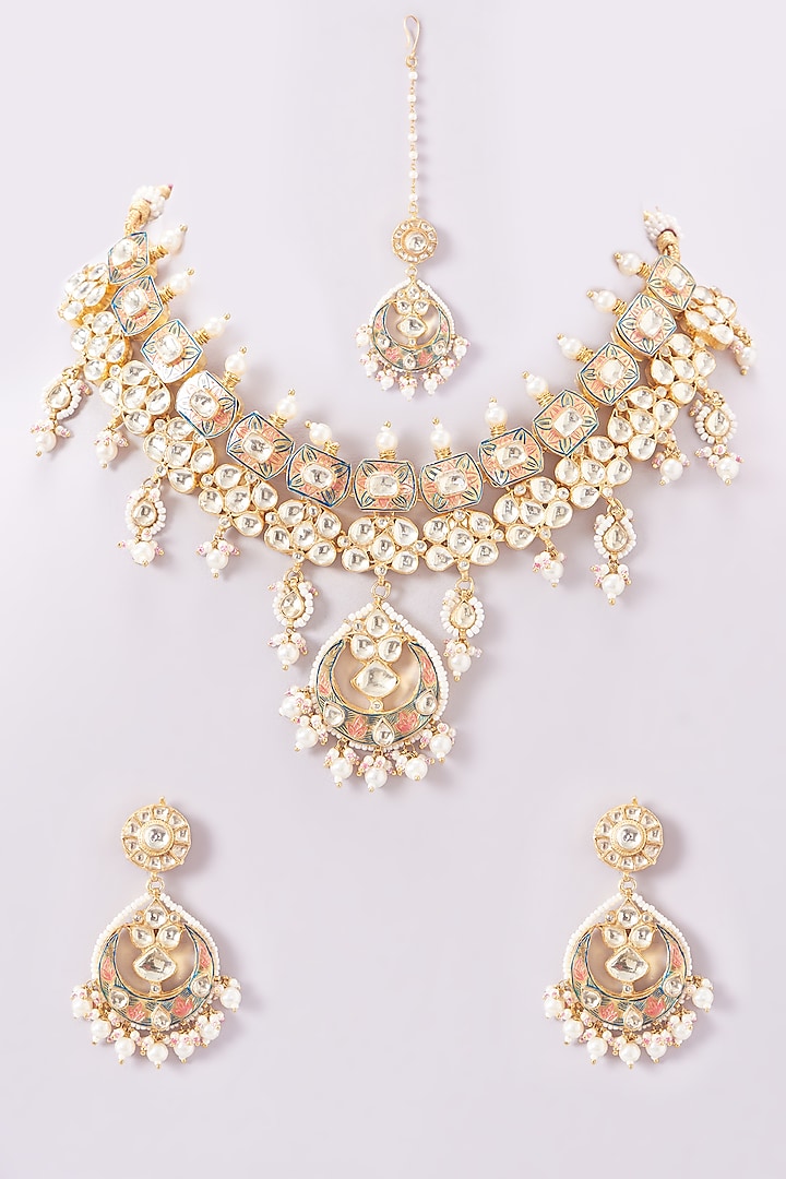 Kreart - Gold Finish Kundan Polki & Pearl String Long Designer Necklace Set for Women at Pernia's Pop-Up Shop