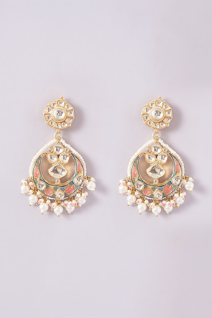 Gold Finish Kundan Polki & Pearl Beaded Enameled Necklace Set by Kreart at Pernia's Pop Up Shop
