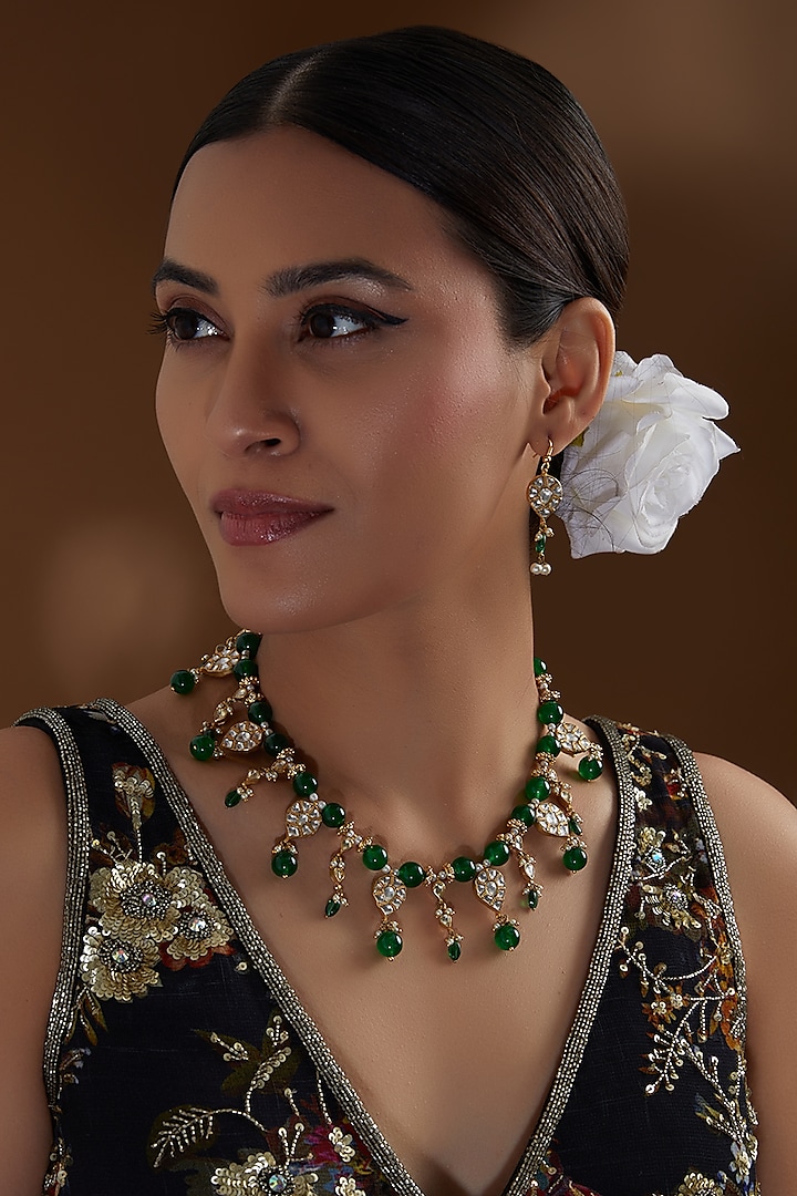 Gold Finish Kundan Polki & Green Beaded Necklace Set by Kreart at Pernia's Pop Up Shop