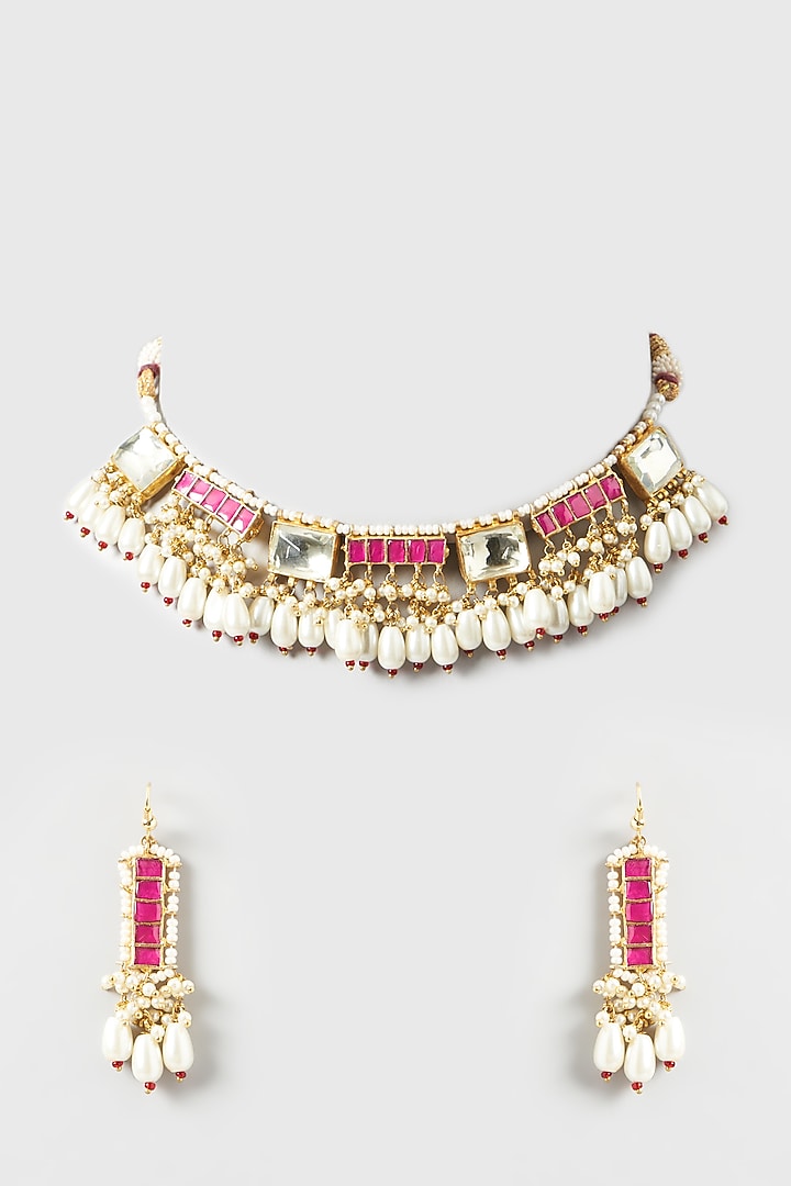 Gold Plated Kundan Polki & Pearls Necklace Set by Kreart at Pernia's Pop Up Shop
