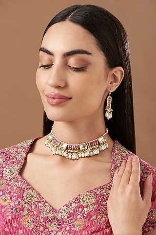 Gold Plated Kundan Polki & Pearls Necklace Set by Kreart