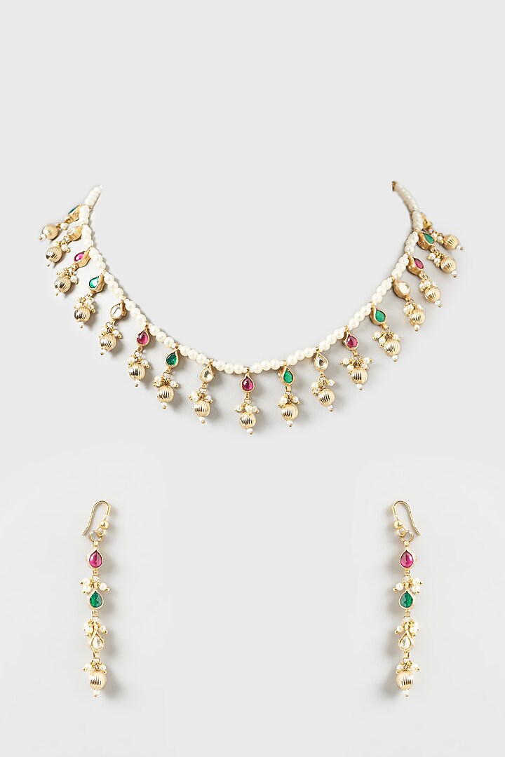Gold Plated Multi-Colored Kundan Polki Necklace Set by Kreart at Pernia's Pop Up Shop