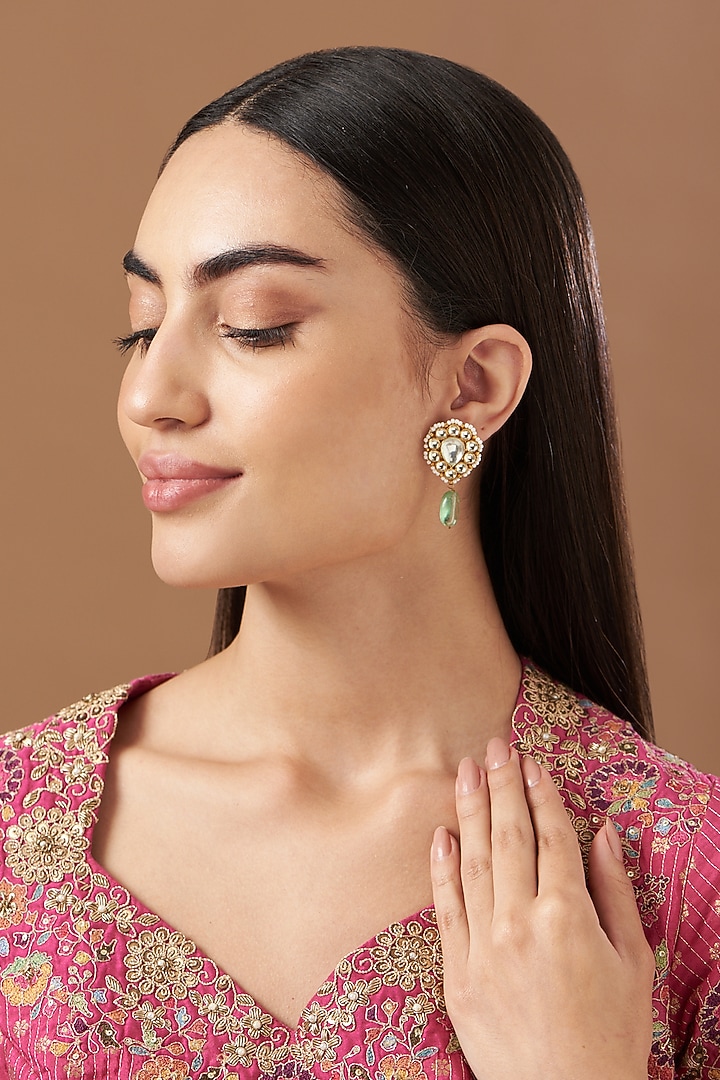 Gold Plated Kundan Polki & Beads Stud Earrings by Kreart at Pernia's Pop Up Shop