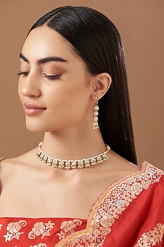 Gold Plated Kundan Polki Choker Necklace Set by Kreart