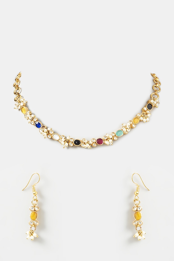 Gold Plated Navratna Stones Necklace Set by Kreart at Pernia's Pop Up Shop