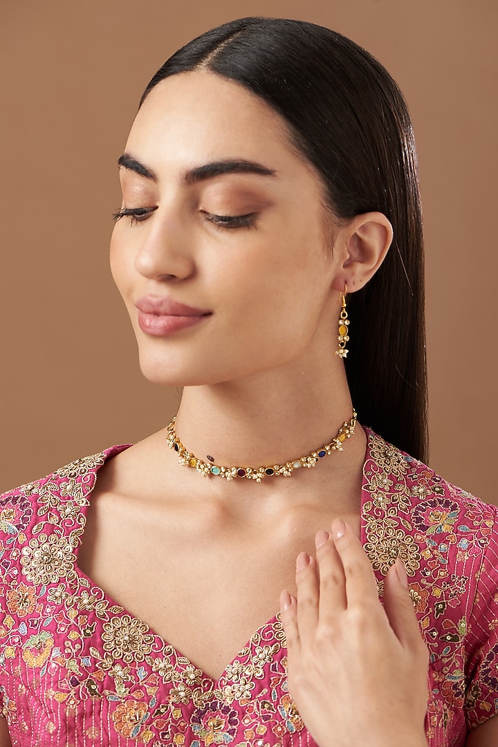Gold Plated Navratna Stones Necklace Set by Kreart at Pernia's Pop Up Shop