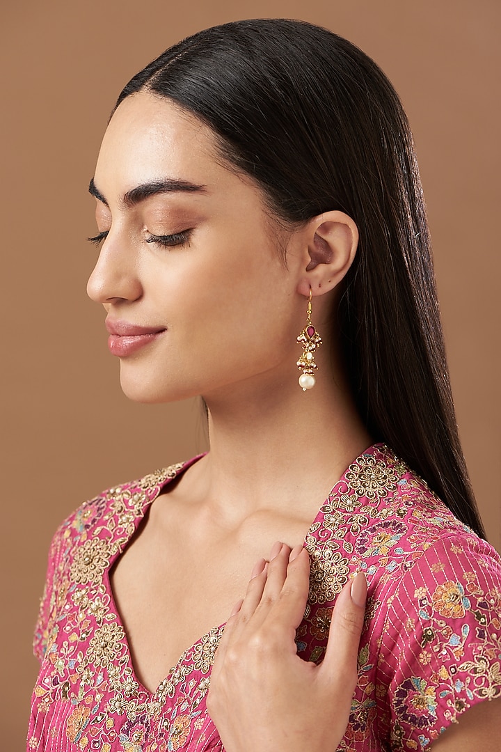 Gold Plated Kundan Polki & Pearls Dangler Earrings by Kreart at Pernia's Pop Up Shop