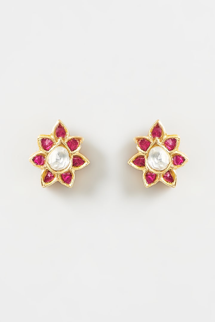 Gold Finish Kundan Polki Stud Earrings In Sterling Silver by Kreart at Pernia's Pop Up Shop