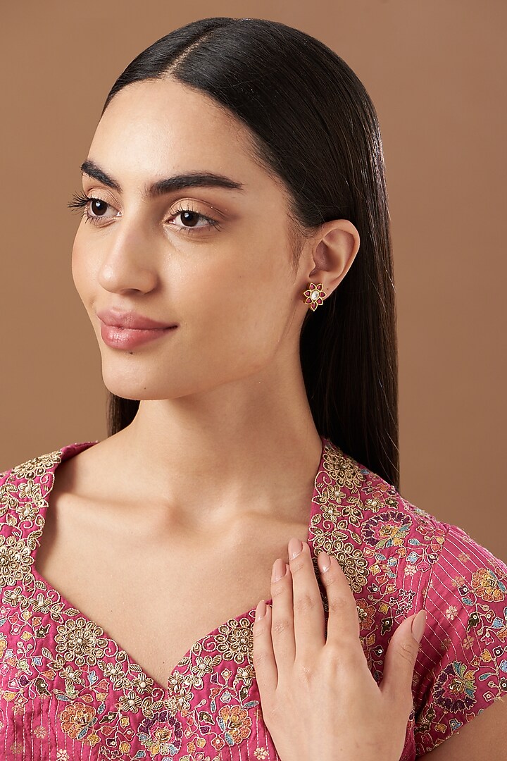 Gold Finish Kundan Polki Stud Earrings In Sterling Silver by Kreart at Pernia's Pop Up Shop