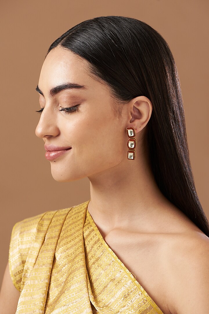Gold Finish Enameled Kundan Polki Earrings by Kreart at Pernia's Pop Up Shop