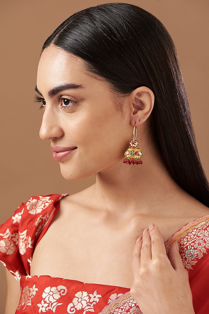 Gold Finish Kundan Polki Jhumka Earrings by Kreart at Pernia's Pop Up Shop