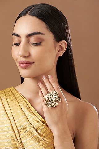 Gold Finish Kundan Polki Ring by Kreart