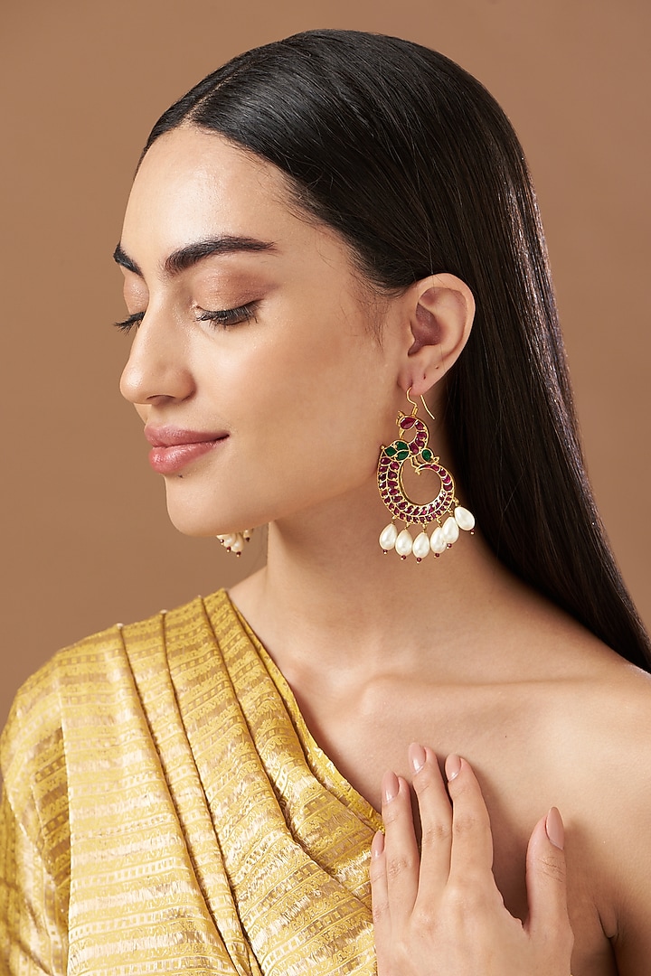 Gold Finish Kundan Polki & Pearl Earrings by Kreart at Pernia's Pop Up Shop