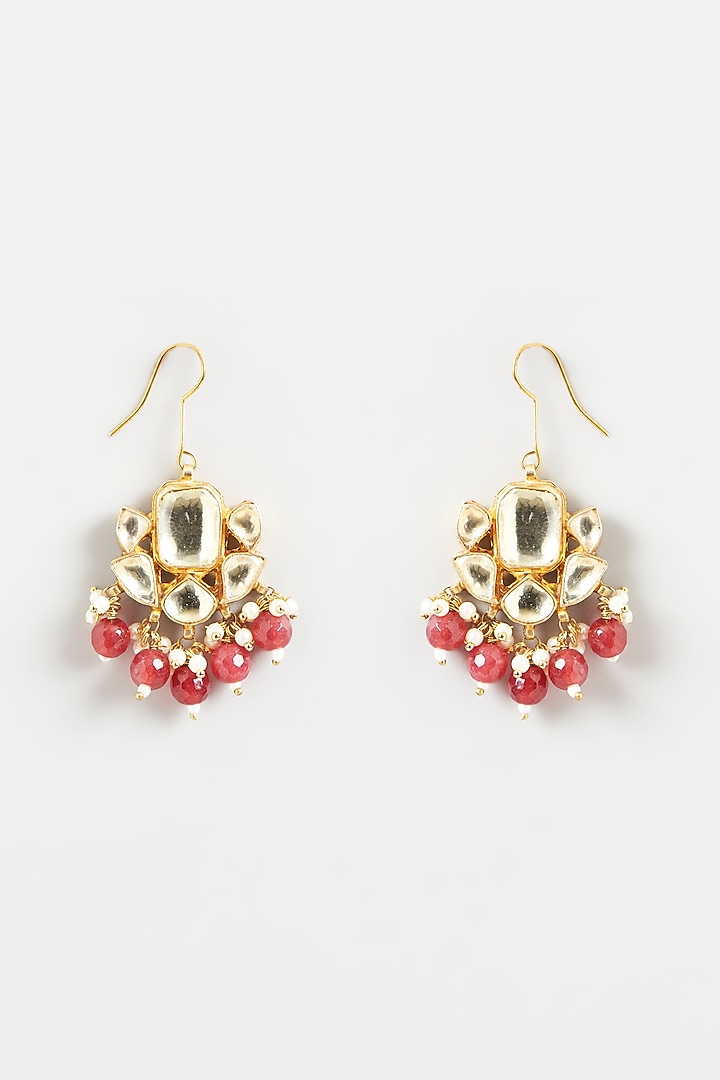 Gold Finish Kundan Polki & Red Beads Dangler Earrings by Kreart at Pernia's Pop Up Shop
