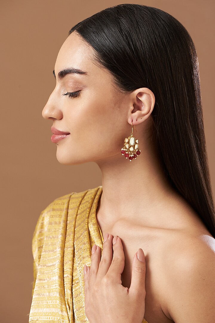 Gold Finish Kundan Polki & Red Beads Dangler Earrings by Kreart at Pernia's Pop Up Shop