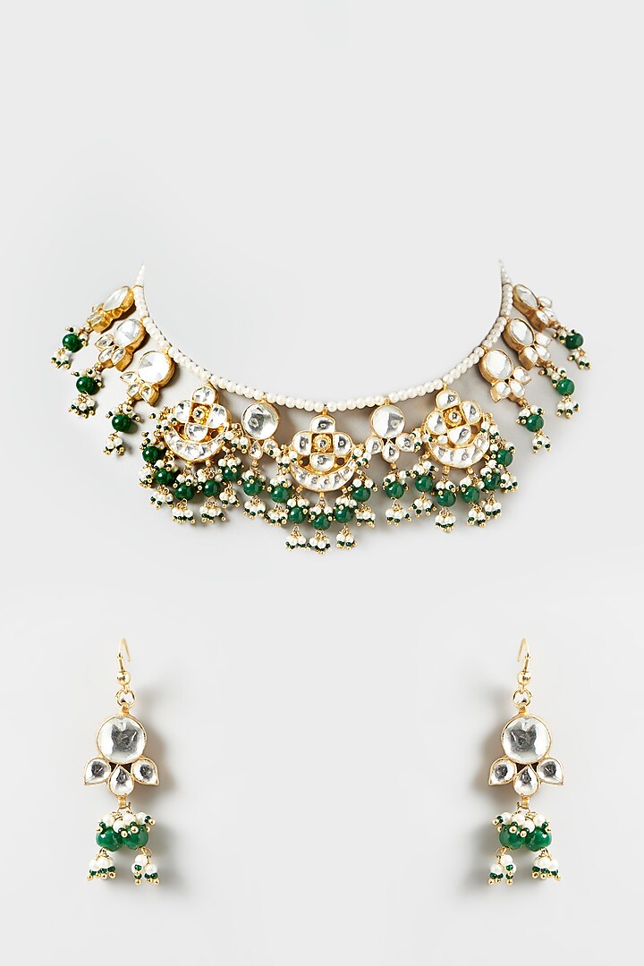 Gold Finish Kundan Polki Choker Necklace Set by Kreart at Pernia's Pop Up Shop