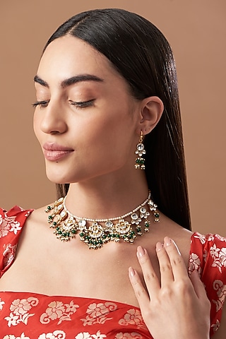 Gold Finish Kundan Polki Choker Necklace Set by Kreart